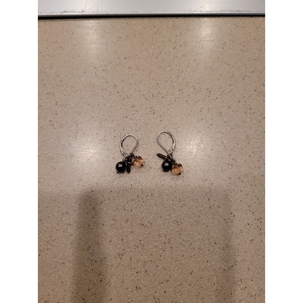 Silver Tone Leverback Drop Earrings with Black Pearl and Amber‎ Crystal Bead